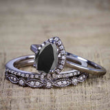 1.50 ct Pear Lab Black Diamond Antique Trio Bridal Set
