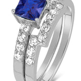 Antique 2 Carat Princess Genuine Sapphire and Moissanite Bridal Wedding Ring Set with Engagement Ring and Wedding Band in 18k Gold Over Silver