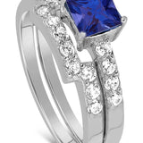 Antique 2 Carat Princess Genuine Sapphire and Moissanite Bridal Wedding Ring Set with Engagement Ring and Wedding Band in 18k Gold Over Silver