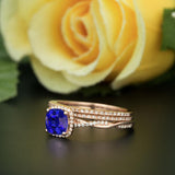 Vintage 2 Carat Cushion Cut Natural Sapphire and Moissanite Wedding Trio Ring Set with Engagement Ring and 2 Wedding Bands in 18k Gold Over Silver