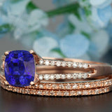 Stunning 2 Carat Cushion Cut Natural Sapphire and Moissanite Wedding Trio Ring Set with Engagement Ring and 2 Wedding Bands in 18k Gold Over Silver
