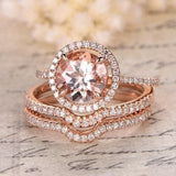 2 Carat Round Cut Morganite and Moissanite Halo Trio Wedding Ring Set in Rose Gold