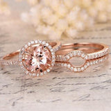 2 Carat Round Cut Morganite and Moissanite Halo Trio Wedding Ring Set in Rose Gold