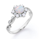 Floral Halo 0.7 carat Round Opal and Diamond Engagement Ring in White Gold