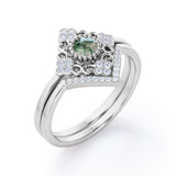 Decorated Kite Shape 0.8 carat Round Green Moss Agate and Moissanite Bridal Ring Set in White Gold