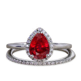 1.50 Carat Pear Shaped Ruby Wedding Ring Set - July Birthstone Ring - 18k White Gold over Silver