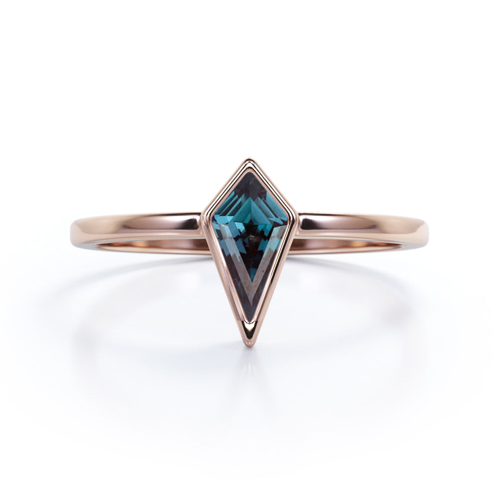 Solitaire 0.85 Carat Kite Shaped Lab Created Alexandrite Bezel Set Engagement Ring  In White Gold
