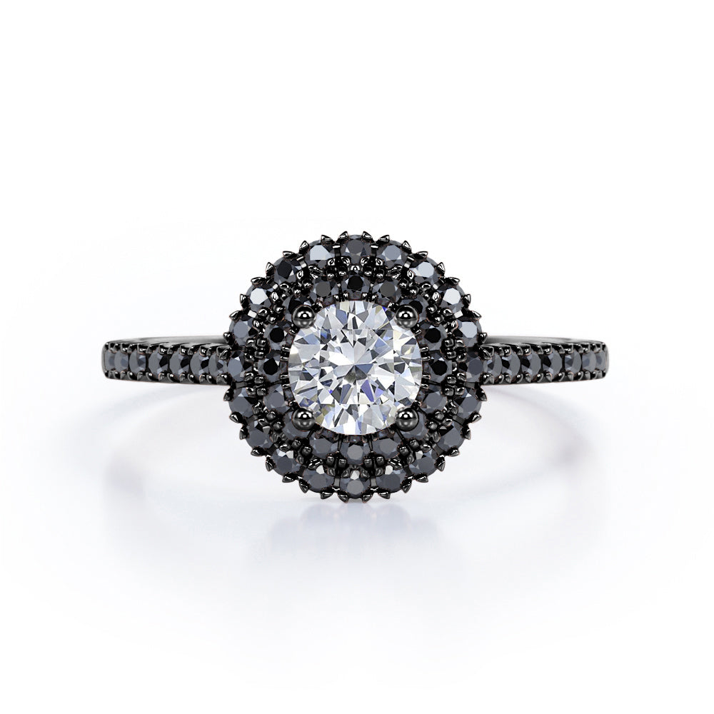 Double Halo Cluster - 1.5 TCW Round Shape Moissanite with Lab Created Black Diamond - Pave Accented Engagement Ring in Rose Gold