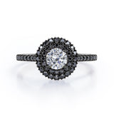 Double Halo Cluster - 1.5 TCW Round Shape Moissanite with Lab Created Black Diamond - Pave Accented Engagement Ring in Rose Gold