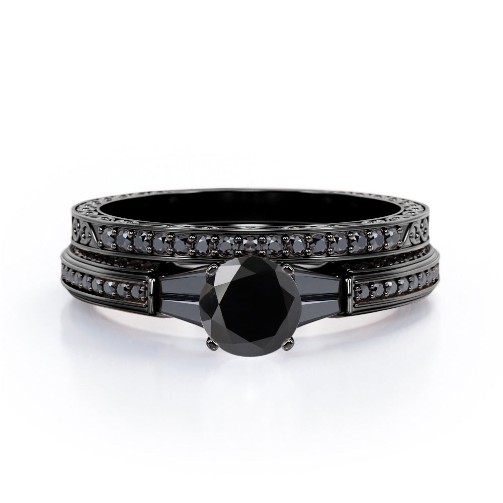 Art Deco 5-Stone 1.55 TCW Round Shape Lab Created Black Diamond Triple Pave-Channel Wedding Set in White Gold