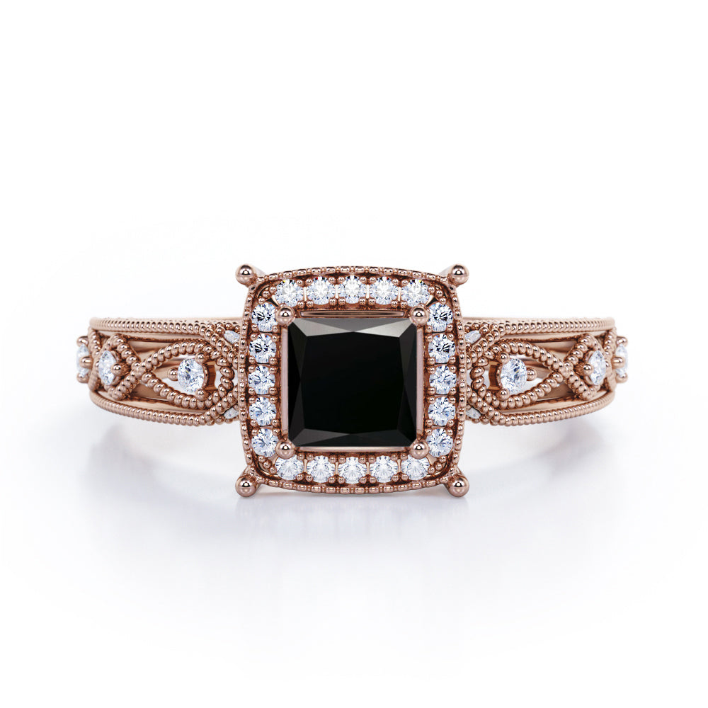 Art Deco Beaded 1.35 Carat Princess Cut Black Diamond Halo Engagement Ring In White Gold