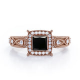 Art Deco Beaded 1.35 Carat Princess Cut Black Diamond Halo Engagement Ring In White Gold