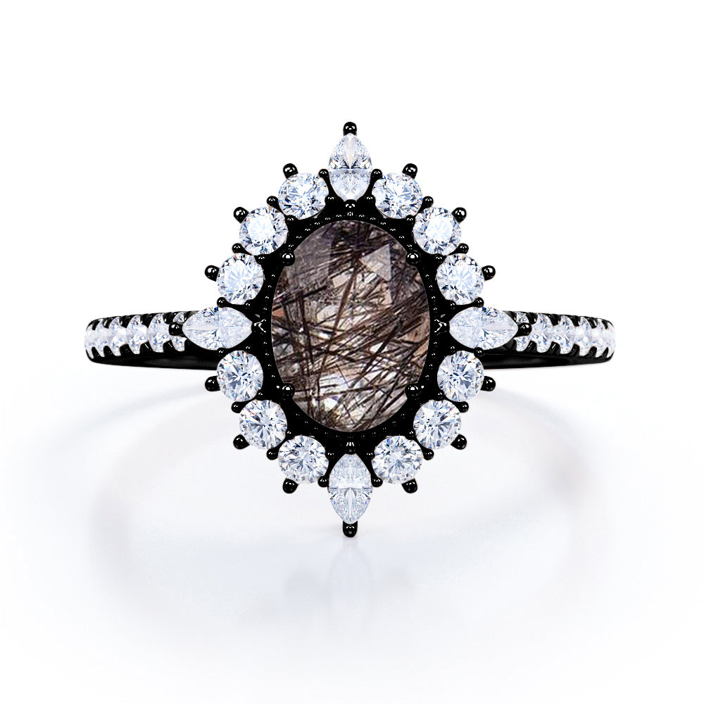 Halo 1.50 ct Oval Black Rutilated Quartz Pave Engagement Ring