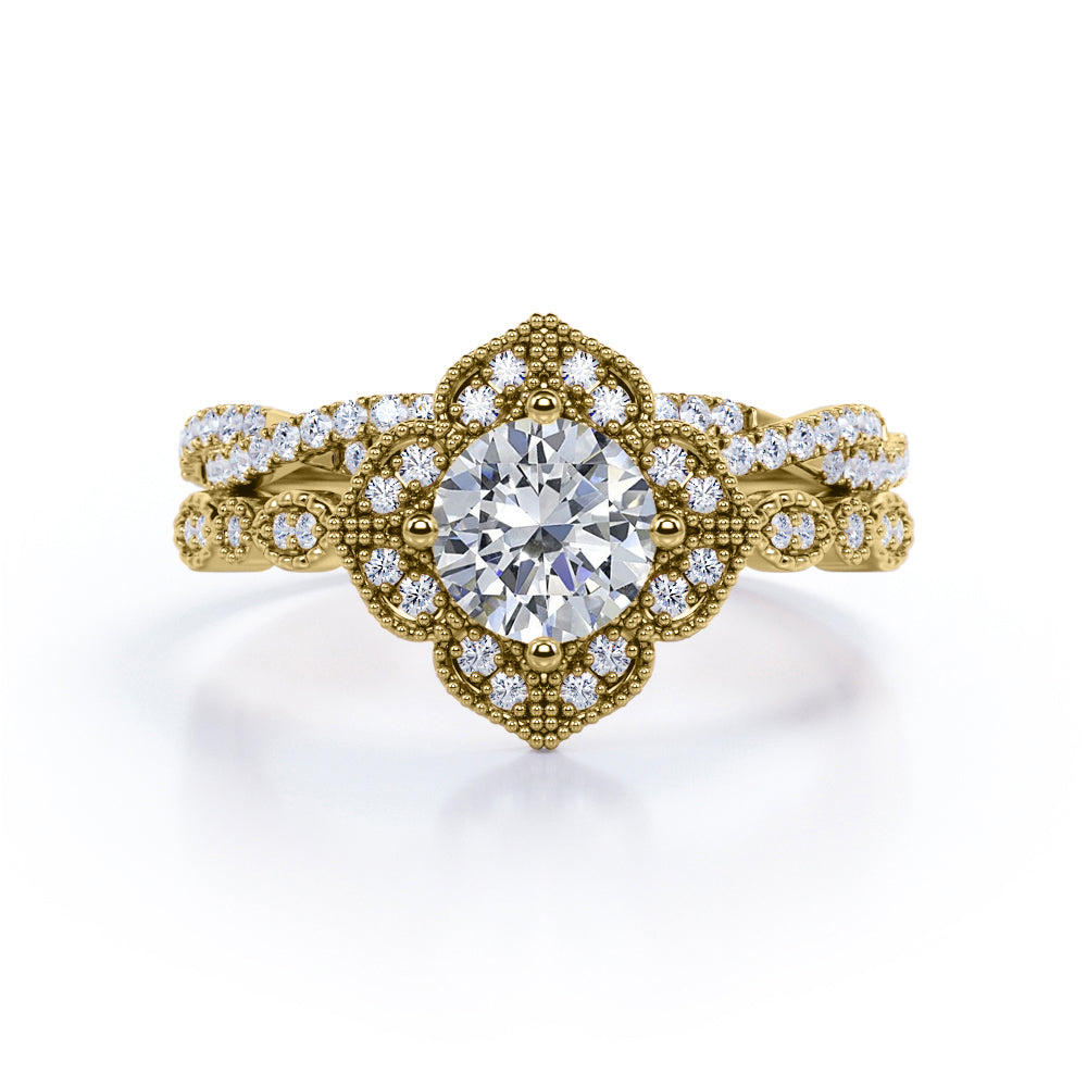 2 Carat Round Cut Moissanite And Diamond Art Deco Wedding Ring Set In White Gold