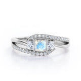 Shared Prongs 1 carat Princess Moonstone and Moissanite Split Shank Band Engagement Ring in White Gold