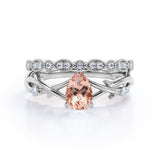 1.35 Carat pear cut Morganite and Diamond Halo art deco Wedding Ring Set in Rose Gold