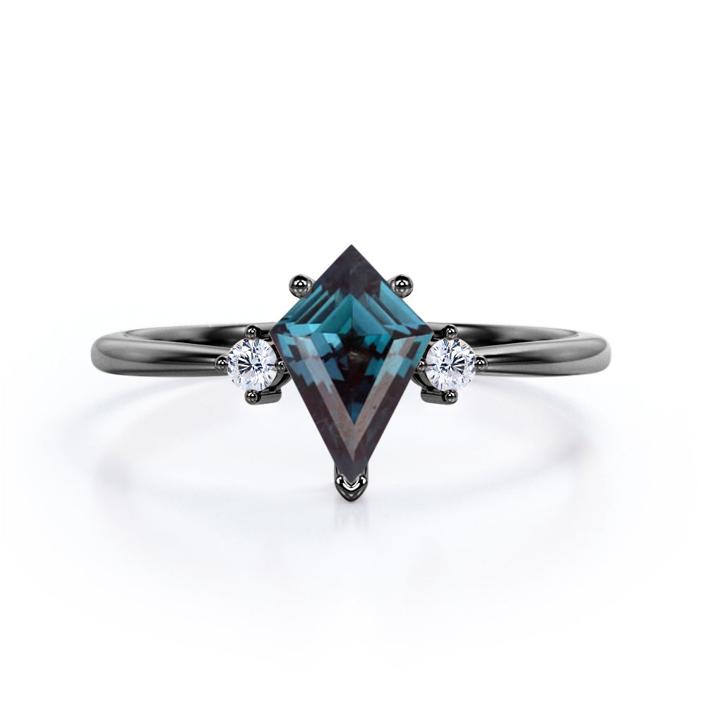 Tapered Trilogy 1 Carat Kite Shaped Lab Created Alexandrite  And Diamond Three Stone Engagement Ring In White Gold