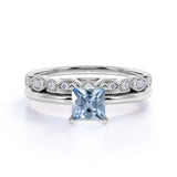 Vintage 1.50 ct Princess Aquamarine Solitaire Bridal Set