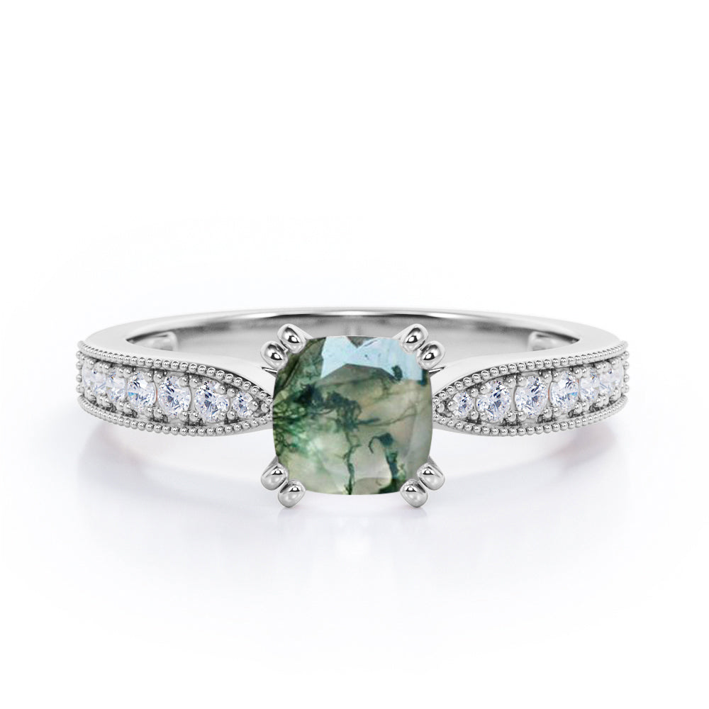 1.25 Ct Cushion Cut Moss Agate Milgrain Engagement Ring
