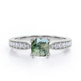 1.25 Ct Cushion Cut Moss Agate Milgrain Engagement Ring