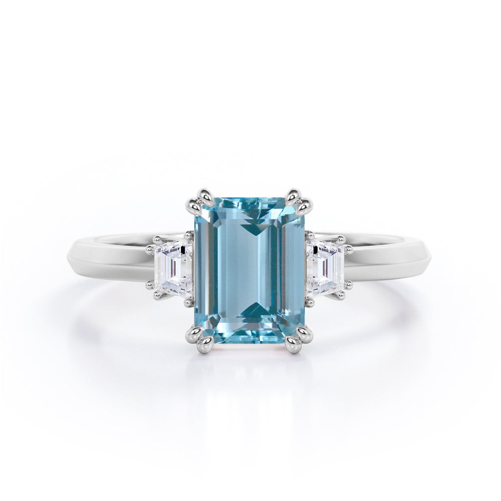 Eight Prongs 1.10 Carat Emerald Cut Aquamarine And Diamond Three Stone Engagement Ring In Rose Gold