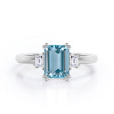 Eight Prongs 1.10 Carat Emerald Cut Aquamarine And Diamond Three Stone Engagement Ring In Rose Gold