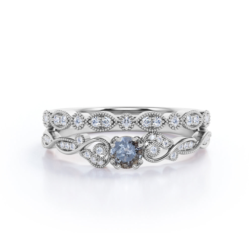 Vintage Nature Inspired 0.75 Carat Round Cut Natural Icy Grey Salt and Pepper Diamond with Art Deco Band Wedding Ring Sets in Rose Gold for Her