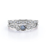 Vintage Nature Inspired 0.75 Carat Round Cut Natural Icy Grey Salt and Pepper Diamond with Art Deco Band Wedding Ring Sets in Rose Gold for Her