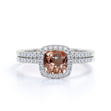 1.75 Carat Cushion Cut Halo Morganite and Diamond Bridal Ring Set in 10k Rose Gold for Women
