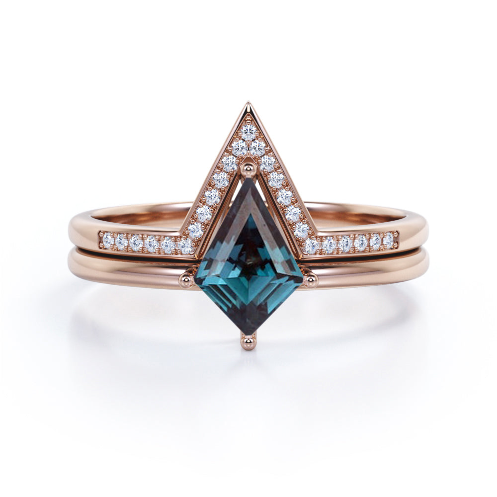 Solitaire 1.15 Carat  Kite Shaped Lab Created Alexandrite V Shaped Channel Set Wedding Ring Set In White Gold.