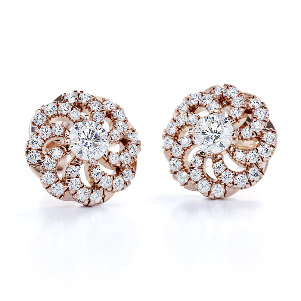 Flower Floating 1.25 Carat Round Certified Moissanite and Diamond French Pave Stud Earrings in Black Gold