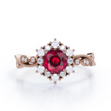 Floral Halo 0.7 carat Round Lab-Created Ruby and Diamond Engagement Ring in White Gold