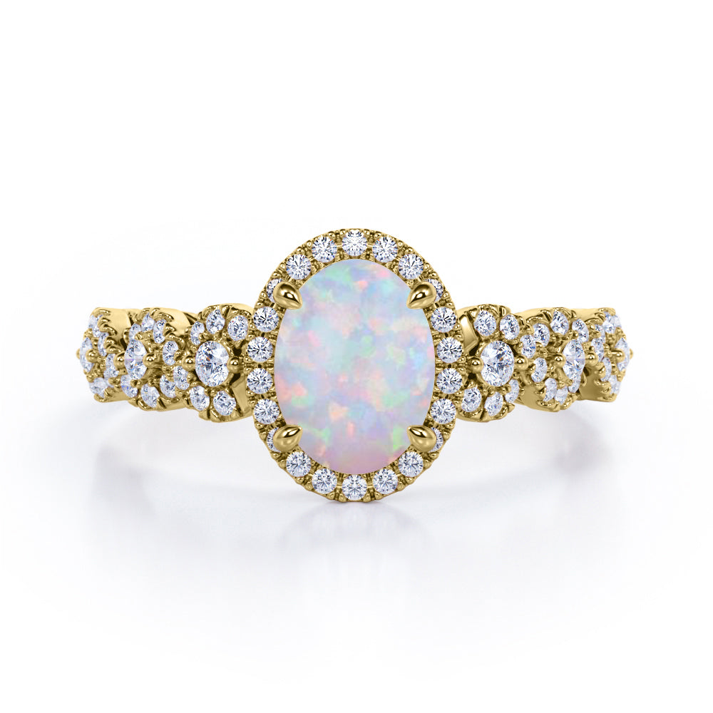 Twisted Pave Set 1.45 Carat Oval Cut Natural Opal And Diamond Halo Infinity Engagement Ring In White Gold