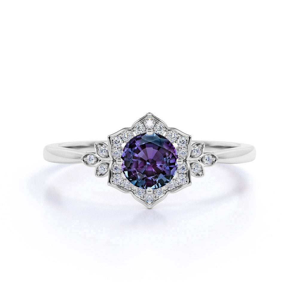 Flower 1.25 Ct Round Lab Alexandrite Cluster Engagement Ring
