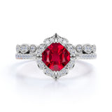 Vintage Floral Cluster 1.50 Carat Cushion Cut Lab Ruby and Diamond Halo Wedding Set in White Gold