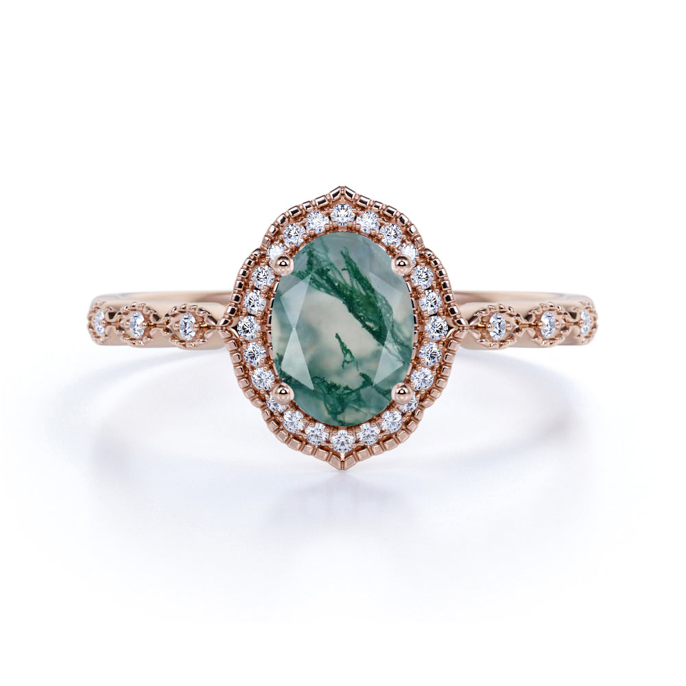 Exquisite Vintage 1.50 Carat Oval Cut Milky White Moss Green Agate and Diamond Halo Art Deco Engagement Ring in White Gold for Women