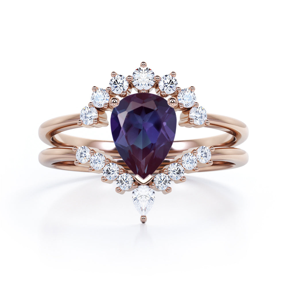 Tiara Design 1.40 Carat Pear Cut Lab Created  Alexandrite And Diamond Three Prong Unique Wedding Ring Set In White Gold