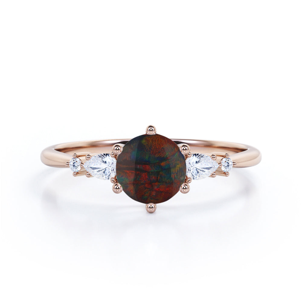 Unique Six Prong 1.25 Carat Round Cut Black Fiery Opal And Diamond Five Stone Engagement Ring In White Gold