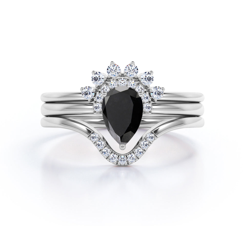 Dainty 1.35 Carat Pear cut Lab Black Diamond Antique Wedding Trio Ring Set in Rose Gold