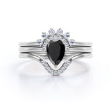 Dainty 1.35 Carat Pear cut Lab Black Diamond Antique Wedding Trio Ring Set in Rose Gold