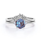 Trilogy 0.55 Ct Hexagon Lab Alexandrite Leafy Bridal Set