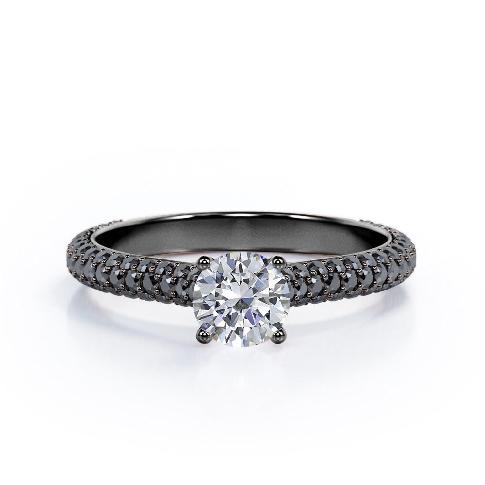 Cathedral Micro-Pave 1.6 TCW Round Shape Moissanite with Lab Created Black Diamond Filigree Wedding Ring Set in White Gold