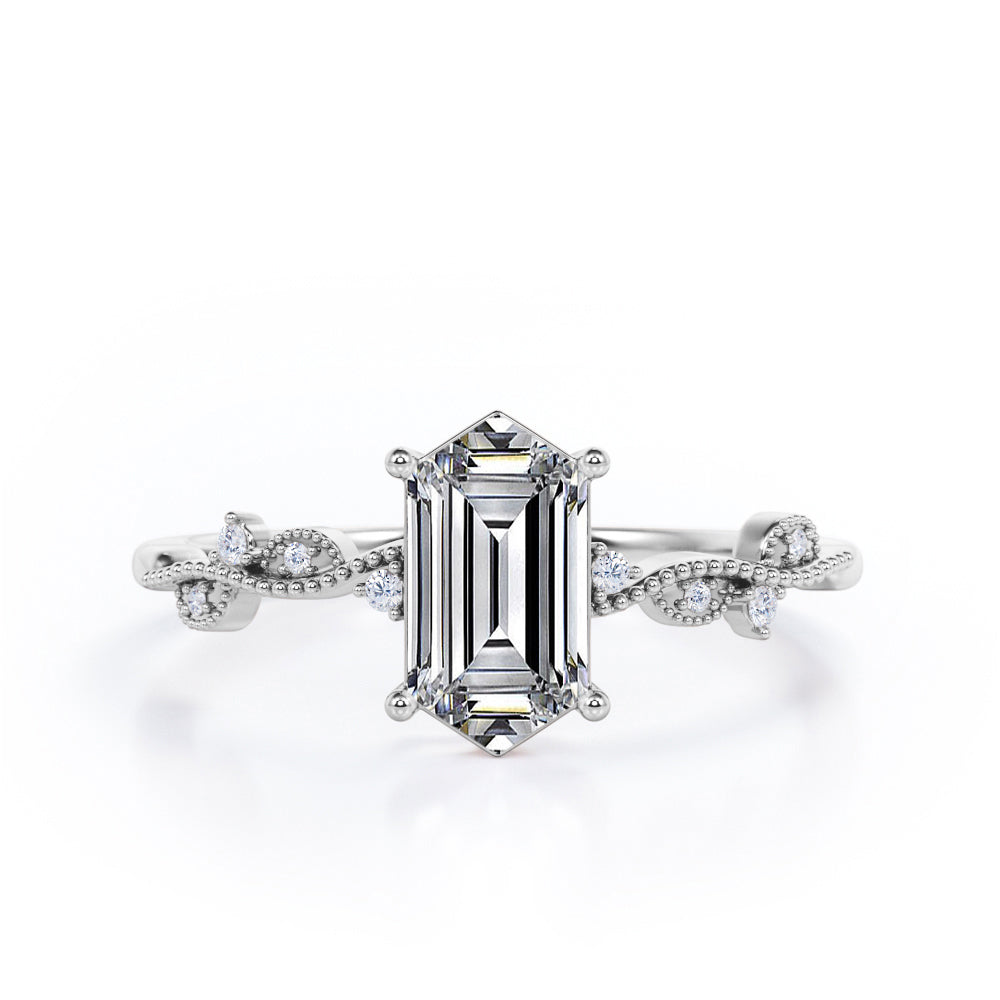 Vintage Wavy Milgrain 0.5 carat Hexagon Moissanite and Diamonds Engagement Ring in Black Gold