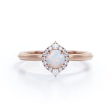 Vintage Beaded 1.15 Carat Round Cut White Fiery Opal And Diamond Halo Engagement Ring In Rose Gold