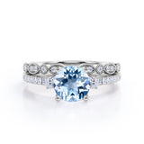 Antique 1.75 ct Round Aquamarine Pave Bridal Set