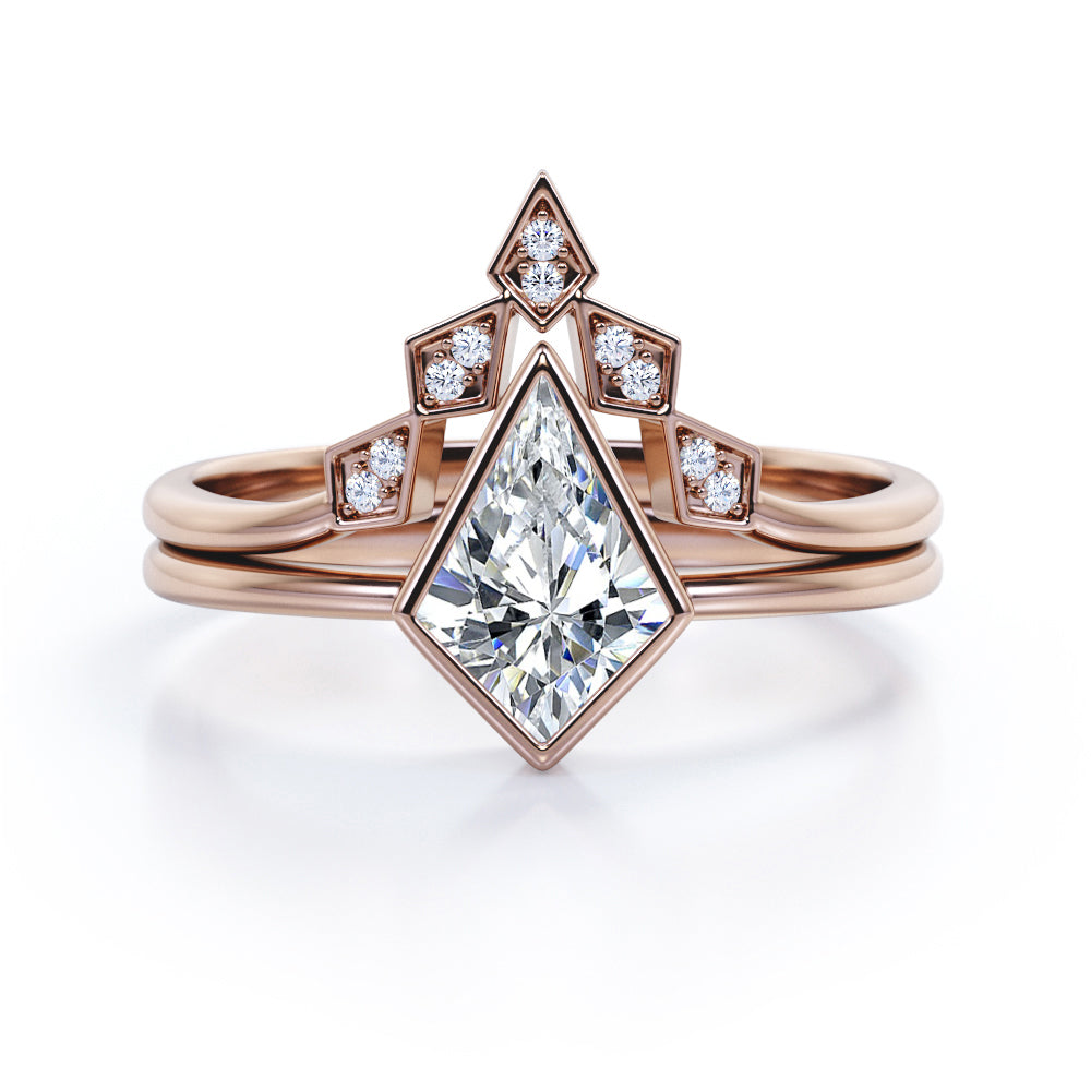 Modern Bezel 1.1 carat Kite Moissanite and Diamond Bridal Set in White Gold