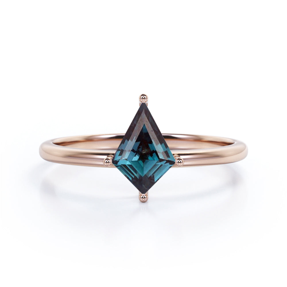 Minimalist Four Prong  0.85 Carat Kite Shaped Lab Created Alexandrite Solitaire Engagement Ring In White Gold
