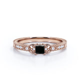 1.1 Carat Princess Cut Lab Grown Black Diamond Vintage Milgrain Engagement Ring In White Gold