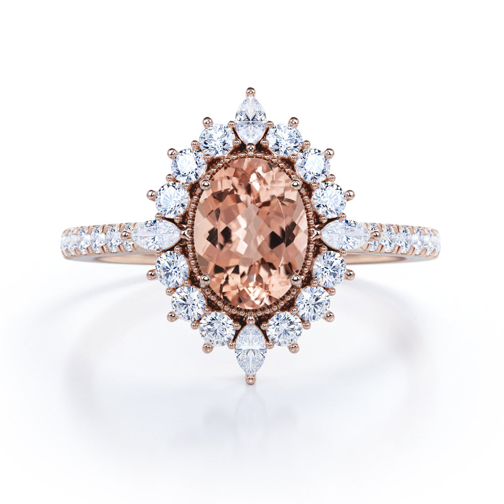 Massive Vintage Halo Natural 0.8 carat Oval Morganite and Moissanite Engagement Ring in Black Gold