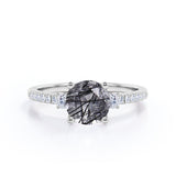 Three Stone Prong Setting 1.50 Carat Round Cut Smoked Black Rutilated Quartz and Diamond Pave Engagement Ring
